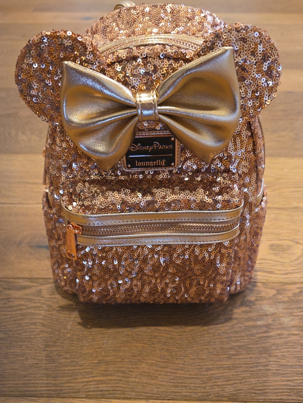 Loungefly Rose Gold Sequin Mini Backpack with Metallic Bow